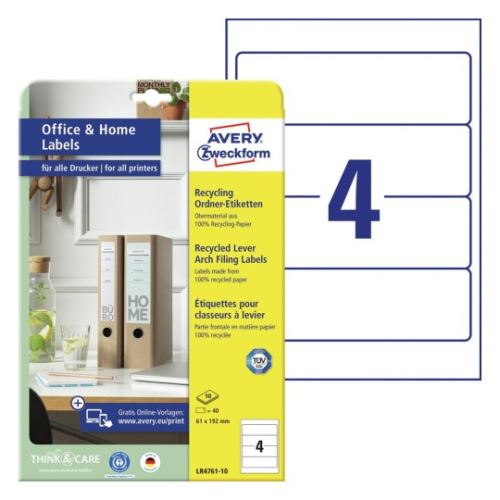 AVERY Recyklované etikety na pořadače 4etikety a A4, 61x192mm, Potisk Inkoust Laser 10A4