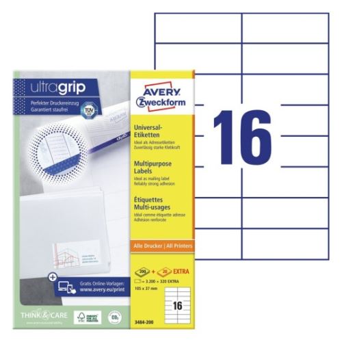 AVERY ZWECKFORM 105x37mm, 16 etiket, 200 listů, Univerzální etikety A4, bílé