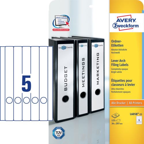 AVERY Etikety na dlouhé, úzké pořadače, 34x297 mm, 25 listů, A4, bílé - L6058-25