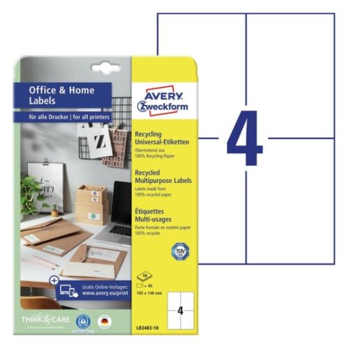 AVERY Univerzální etikety recyklované, 105x148 mm, 100 listů, A4, bílé - LR3483