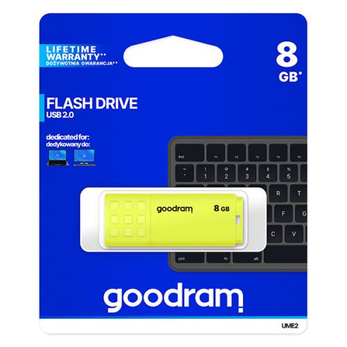Goodram USB flash disk, USB 2.0, 8GB, UME2, žlutý, UME2-0080Y0R11, USB A, s krytkou