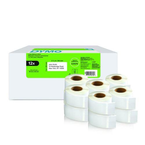 DYMO papírové štítky 54mm x 25mm, bílé, pro zpáteční adresu, 12 x 500 ks, 2177563