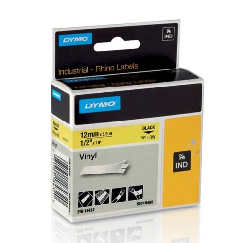 DYMO 18432, S0718450, černý tisk/žlutý podklad, 5.5m, 12mm, RHINO vinylová profi D1