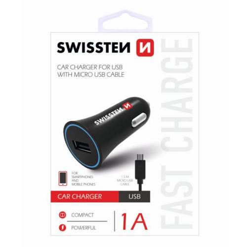 Adaptér do auta SWISSTEN 5W, 1 port, USB-A, kabel microUSB