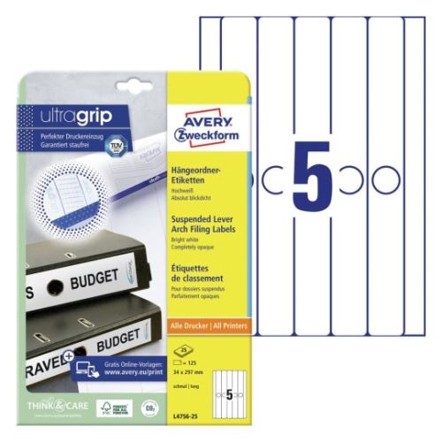 AVERY Etikety na pořadače 34x297mm, bílá, 5ks, Potisk Inkoust Laser 25A4