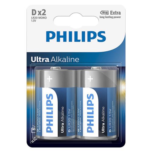 Baterie alkalická, D (LR20), D, 1.5V, PHILIPS, blistr, 4-pack, LR20E2B/10, Ultra Alkaline