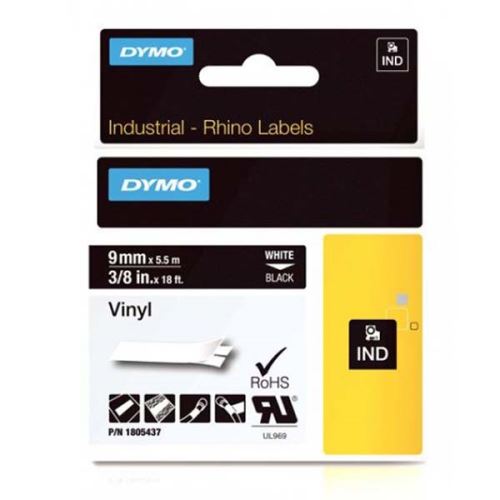 DYMO 1805437, bílý tisk/černý podklad, 5.5m, 9mm, RHINO vinylová profi D1