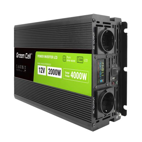 Green Cell PowerInverter LCD 12 volt 2000W/40000W měnič napětí do auta s displejem - čistá