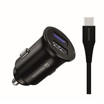 Adaptér do auta SWISSTEN 32,5W, 2 porty, USB-A, kabel USB-C, Huawei Supercharge