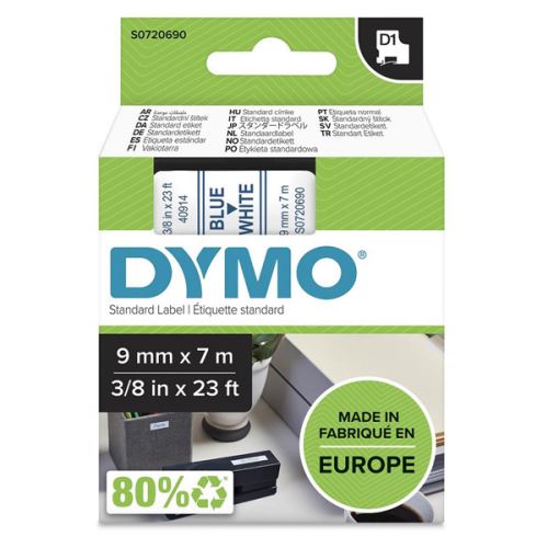 DYMO 40914, S0720690, modrý tisk/bílý podklad, 7m, 9mm, D1