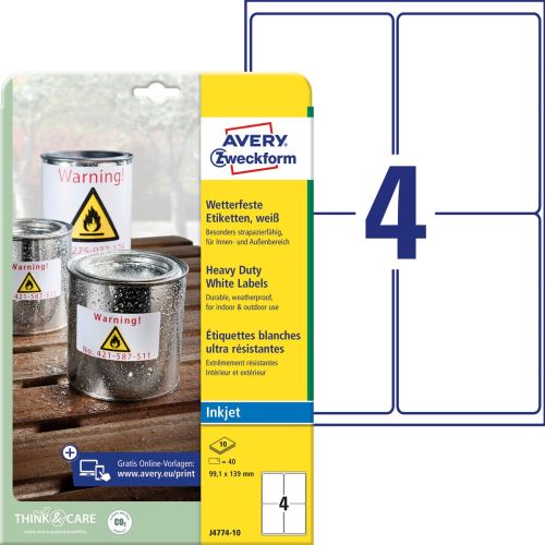 AVERY Etikety odolné vlivům počasí, 99,1x139 mm, pro inkoust tisk 10 listů, A4, bílé