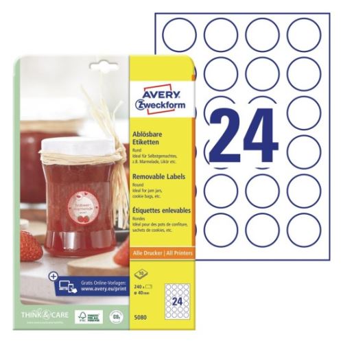 AVERY ZWECKFORM Snímatelné etikety průměr 40 mm kulaté bílé papírové - 5080