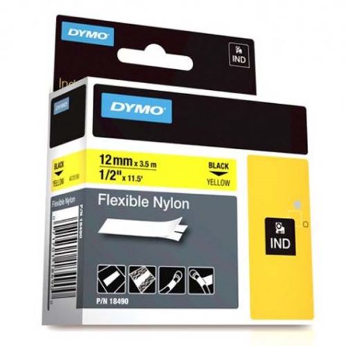 DYMO 18490, černý tisk/žlutý podklad, 3.5m, 12mm, RHINO flexibilní nylonová