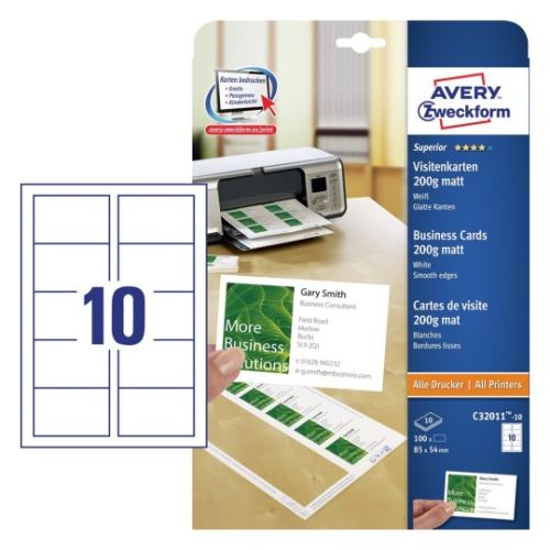 AVERY Zweckform vizitky, matné, bílé, A4, 200 g/m2, 85x54mm, 25 listů, pro laserové a inko