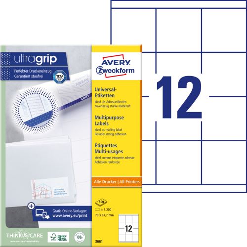 AVERY ZWECKFORM 70x67,7 mm, 12 etiket, 100 listů, Univerzální etikety A4, bílé