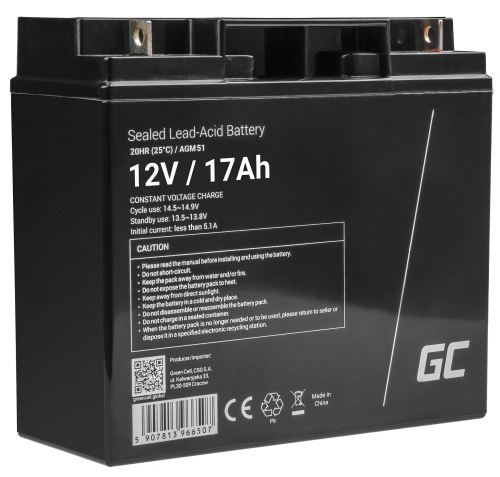 Green Cell bezúdržbová baterie AGM VRLA 12V 17Ah pro sekačky, lodě, invalidní vozíky a kol