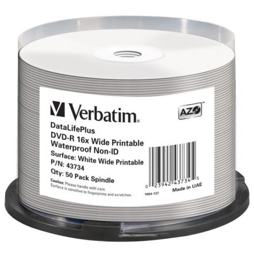 VERBATIM 43734 - DVD-R Wide Printable Waterproof No ID Brand 4.7GB 16x spindle 50-pack