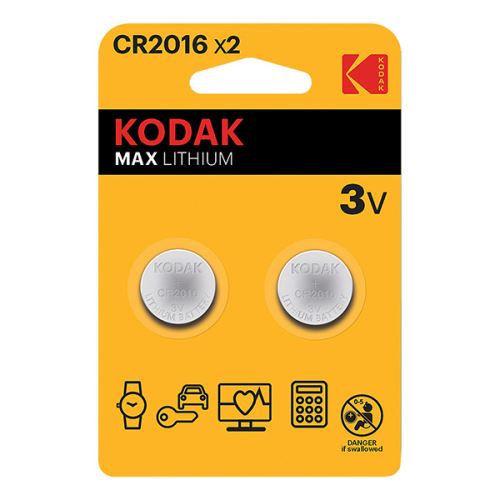 Baterie jednorázová lithiová, knoflíková, CR2016, 3V, Kodak, blistr, 2-pack, KOD-2016, kno
