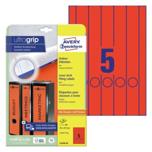 AVERY Etikety na pořadače 38x297mm, červená, 5ks, Potisk Inkoust Laser 20A4