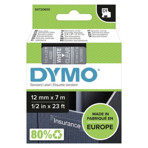 DYMO 45020, S0720600, bílý tisk/transparentní podklad, 7m, 12mm, D1