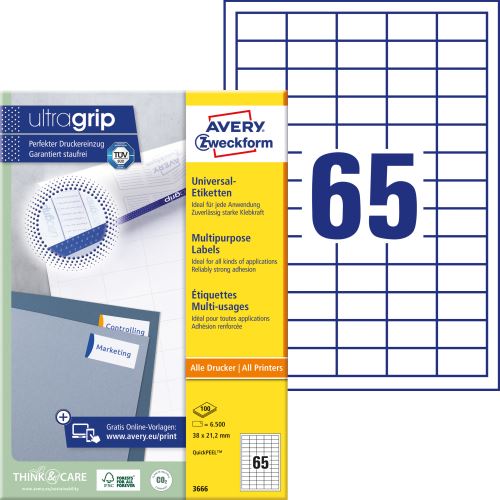 AVERY ZWECKFORM QuickPEEL 38x21.2mm, 65 etiket, 100 listů, Univerzální etikety A4, bílé