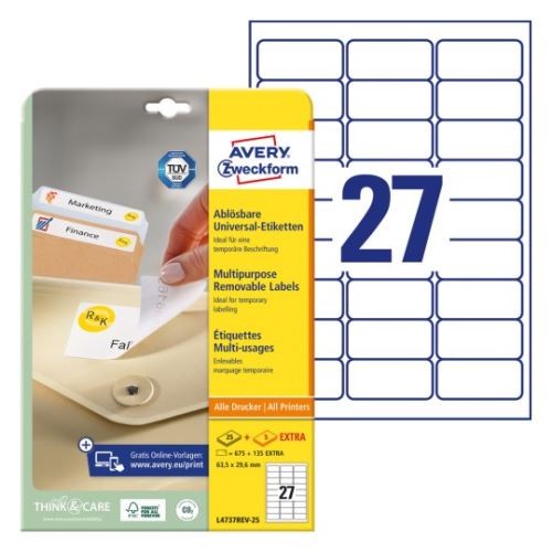 AVERY Univerzální etikety, snímatelné 63,5x29,6mm, 24etiket, Potisk Inkoust Laser 65A4