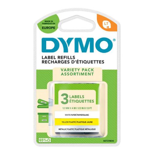 DYMO 91241, S0721800, černý tisk/bílý/žlutý/stříbrný podklad, 4m, 12mm, 3ks