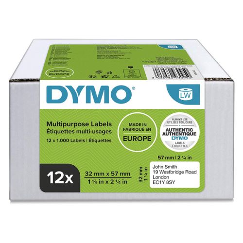 DYMO papírové štítky 57mm x 32mm, bílé, multifunkční, snímatelné, 12 x 1000 ks, 2093095, 1