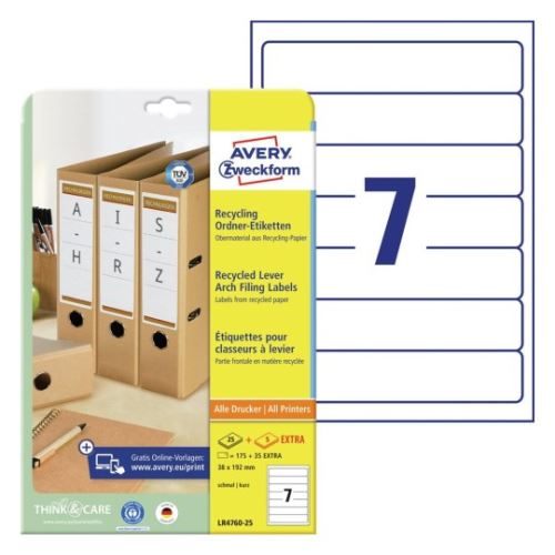 AVERY Recyklované etikety na pořadače 4etikety a A4, 38x192mm, Potisk Inkoust Laser 25A4