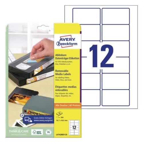 AVERY Snímatelné etikety na videokazety 78,7x46,6 mm, 25 listů, A4, bílé - L4742REV-25