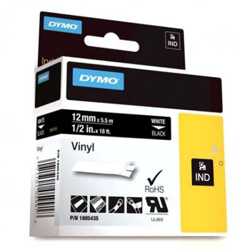 DYMO 1805435, bílý tisk/černý podklad, 5.5m, 12mm, RHINO vinylová profi D1