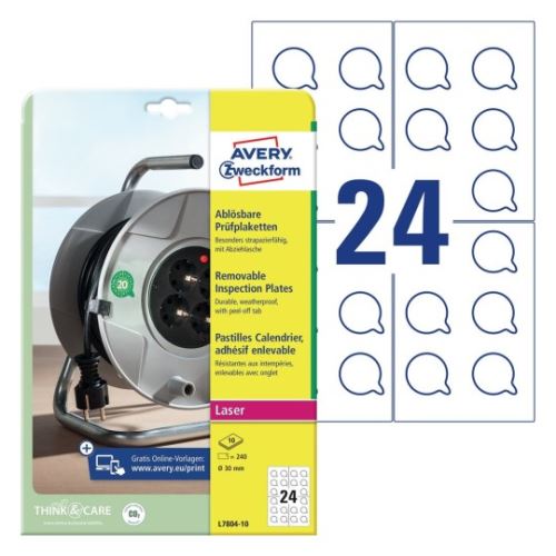 AVERY Revizní štítky snímatelné průměr 30 mm, pro laser, 10 listů, A4 bílé - L7804-10