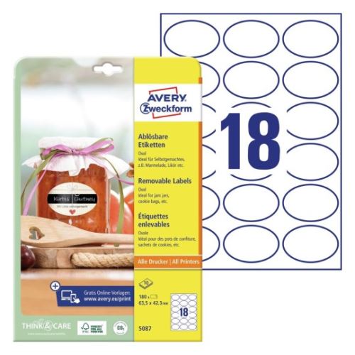 AVERY Zweckform Oválné etikety 63,5x42,3 mm, snímatelné, bílé - 5087