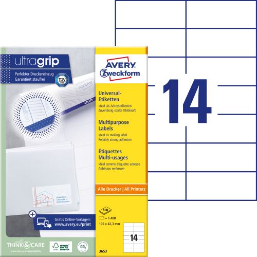 AVERY ZWECKFORM 7105x42,3mm, 14 etiket, 100 listů, Univerzální etikety A4, bílé