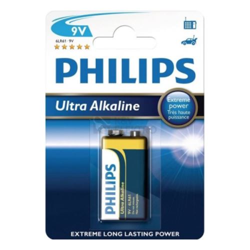 Baterie alkalická, 9V (6LR61), 6LR61, 9V, PHILIPS, blistr, 4-pack, 6LR61E1B/10, Ultra Alka