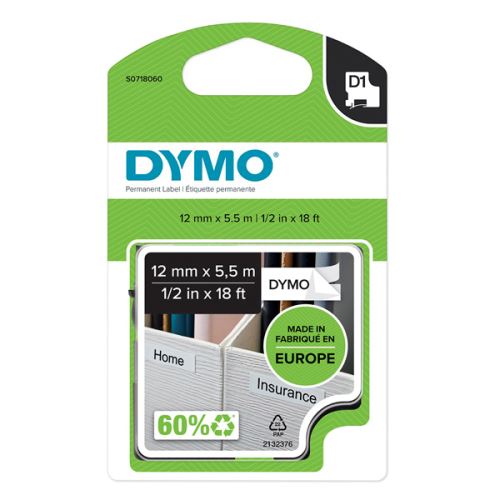 DYMO 16959, S0718060, černý tisk/bílý podklad, 5.5m, 12mm, D1, speciální - permanentní