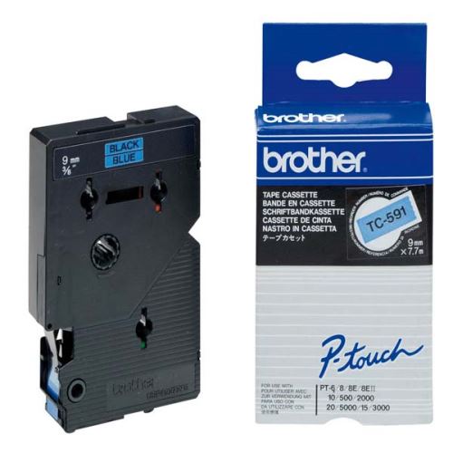 BROTHER TC-591, černý tisk/modrý podklad, laminovaná, 7.7m, 9mm
