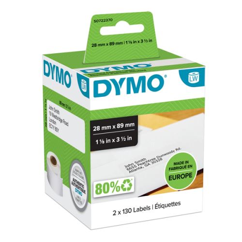 DYMO papírové štítky 89mm x 28mm, bílé, adresní, 2X130 ks, 99010, S0722370