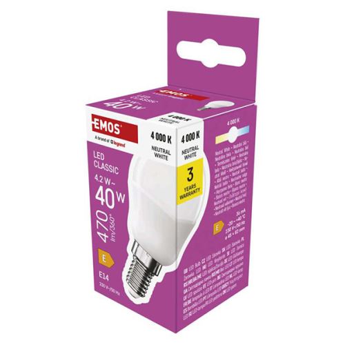 LED žárovka EMOS Lighting E14, 230V, 4.2W, 470lm, 4000k, neutrální bílá, 30000h, Mini Glob
