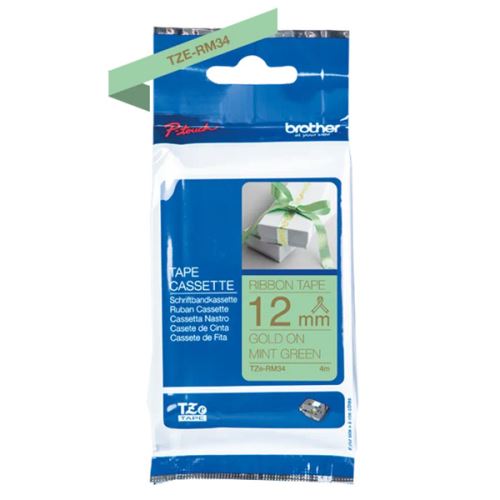 BROTHER TZE-RM34, zlatý tisk/zelený podklad, textilní, 4m, 12mm