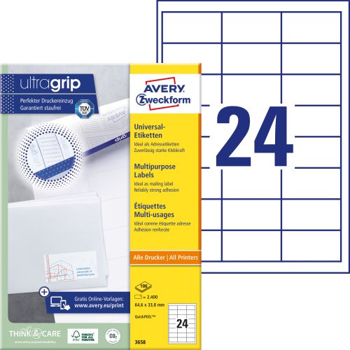 AVERY ZWECKFORM QuickPEEL 64,6x33,8mm, 24 etiket, 200 listů, Univerzální etikety A4, bílé