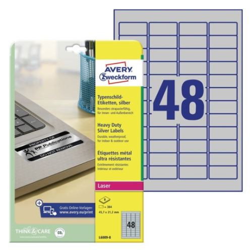 AVERY Zweckform etikety 45.7mm x 21.2mm, A4, stříbrné, 48 etiket, velmi odolné