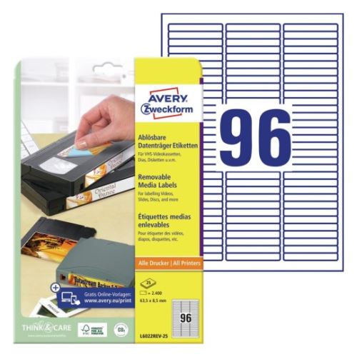 AVERY Snímatelné etikety na datové nosiče 63,5 x 8,54 mm, 25 listů, bílé - L6022REV-25