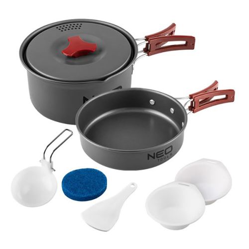 Sada nádobí 7v1 Turistická, šedá, hliník, hrnec, pánev, 2x talíř, naběračka, stěrka, houba