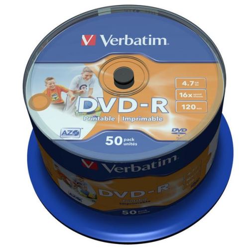 Verbatim DVD-R, Wide Inkjet Printable No ID Brand, 43533, 4.7GB, 16x, spindle, 50-pack, 12