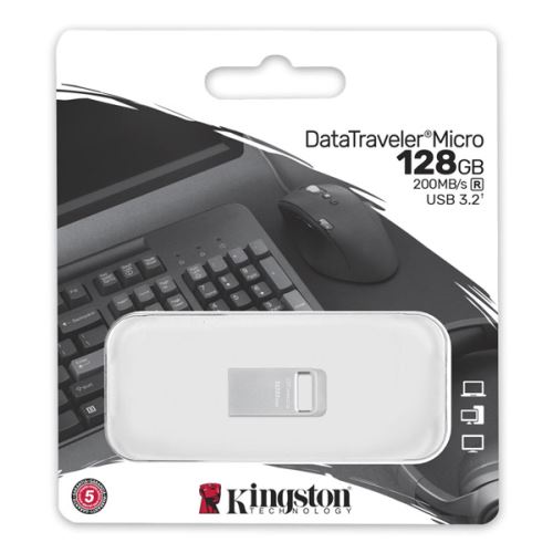 Kingston USB flash disk, USB 3.0, 128GB, DataTraveler Micro G2, stříbrný, DTMC3G2/128GB, U