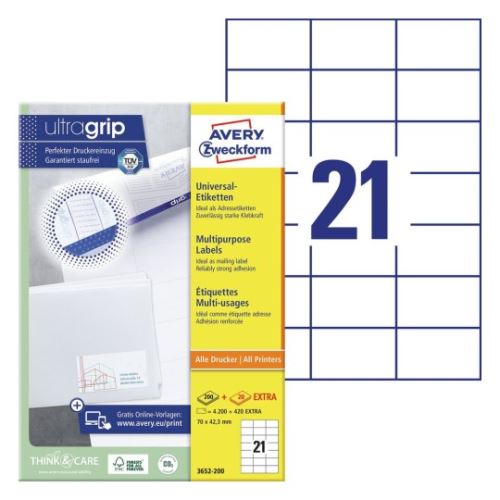 AVERY ZWECKFORM 70x42,3mm, 21 etiket, 200 listů, Univerzální etikety A4, bílé