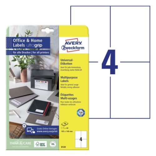 AVERY Univerzální etikety 105x148 mm, 10 listů, A4, bílé - 6124