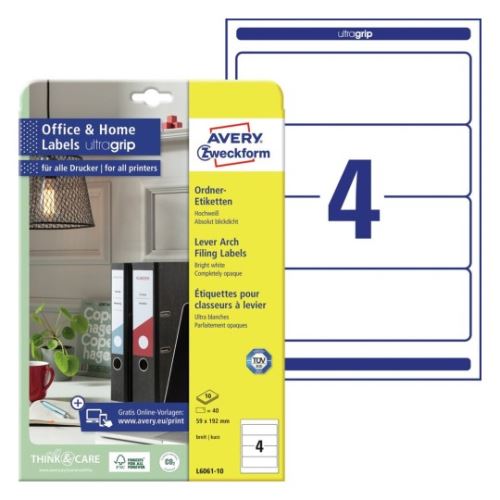 AVERY Etikety na pořadače ultragrip, 59x192mm, 4ks Potisk Inkoust Laser, 10A4