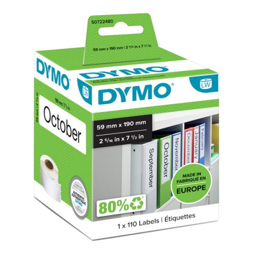 DYMO papírové štítky 190mm x 59mm, bílé, na široké pořadače, 110 ks, 99019, S0722480